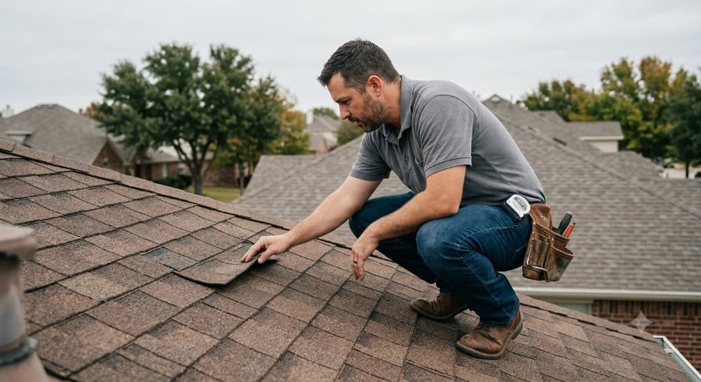 Roofing inspector on a residential roof checking asphalt shingles