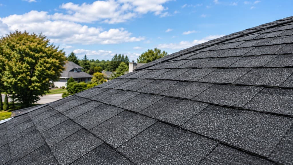 Close-up of newly installed dark architectural shingles on a residential roof
